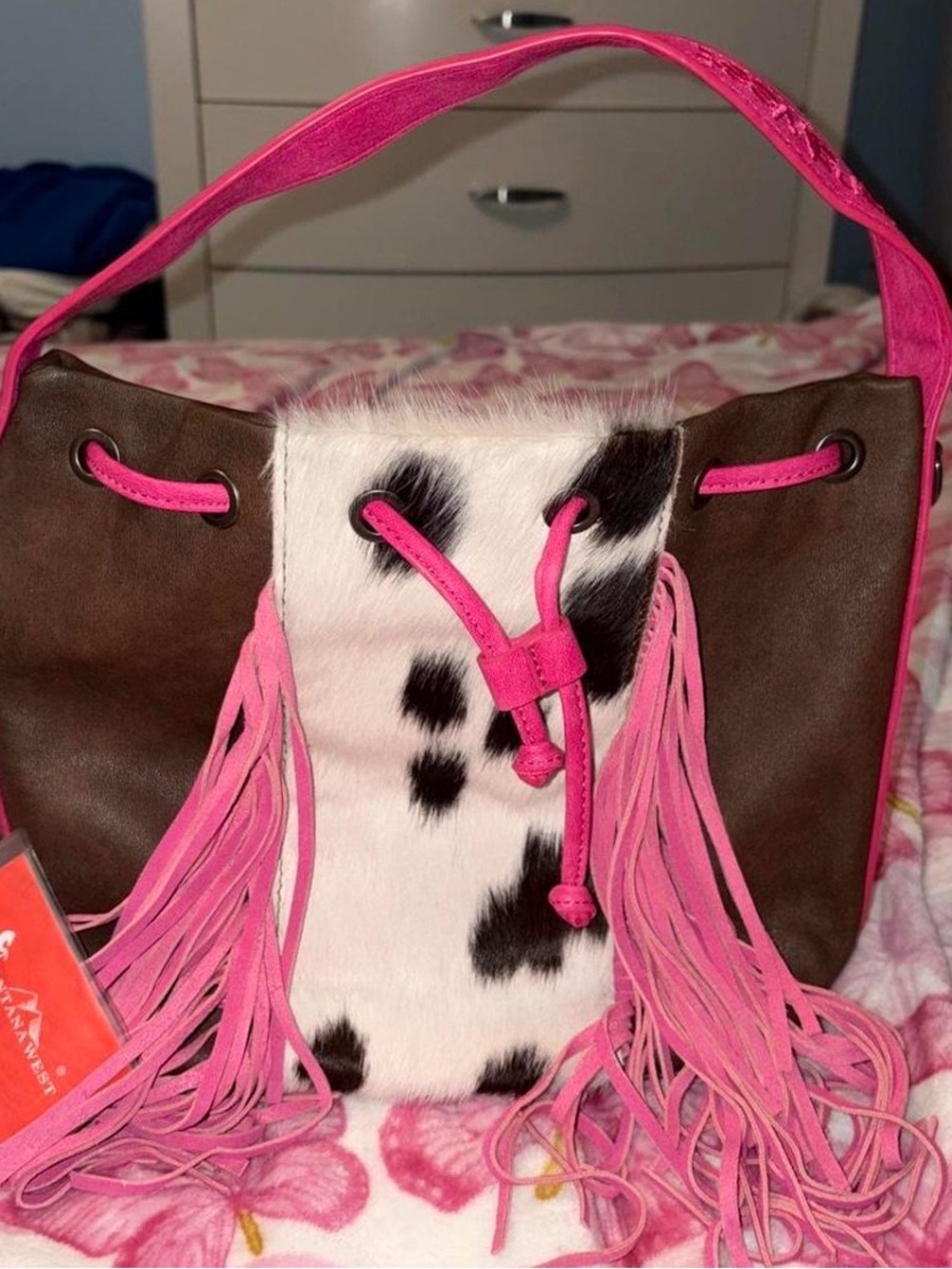 Montana West Pink and Brown Fringe Bucket Bag with Cowhide Accent